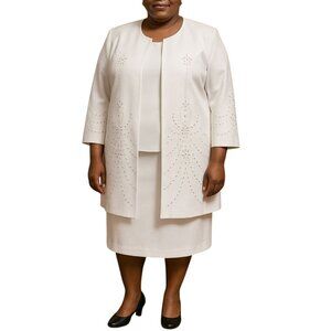 B.M.I. White 3-Piece Jacket Blouse Skirt Embellished Plus Size 22 Suit Set